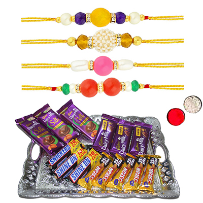 "COMBO OF 4 PEARL RAKHIS -PRKC-18-017-94(4 Rakhis) ,Choco Thali - RC10 - Click here to View more details about this Product